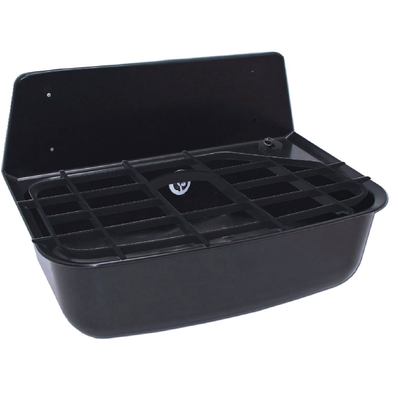 Black plastic wall basin with cutable tap hole, with traps and with plastic grid