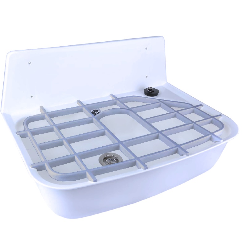 Plastic wall basin (white) with cutable tap hole, with traps and with plastic grid