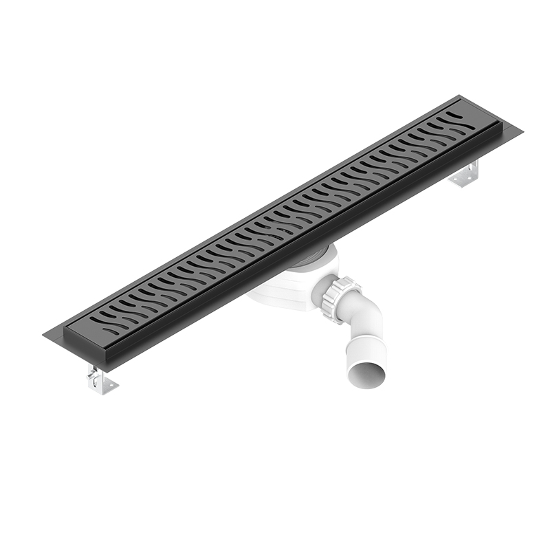 Black linear metal shower channel with black 700 mm long HARMONY stainless steel grid